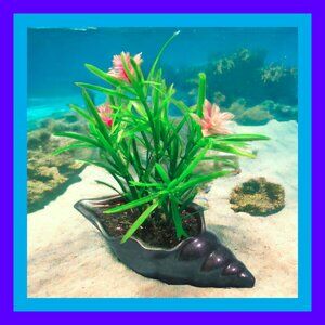 Aquarium Decoration -Teal Blue Long Shell with Flowering Plant.